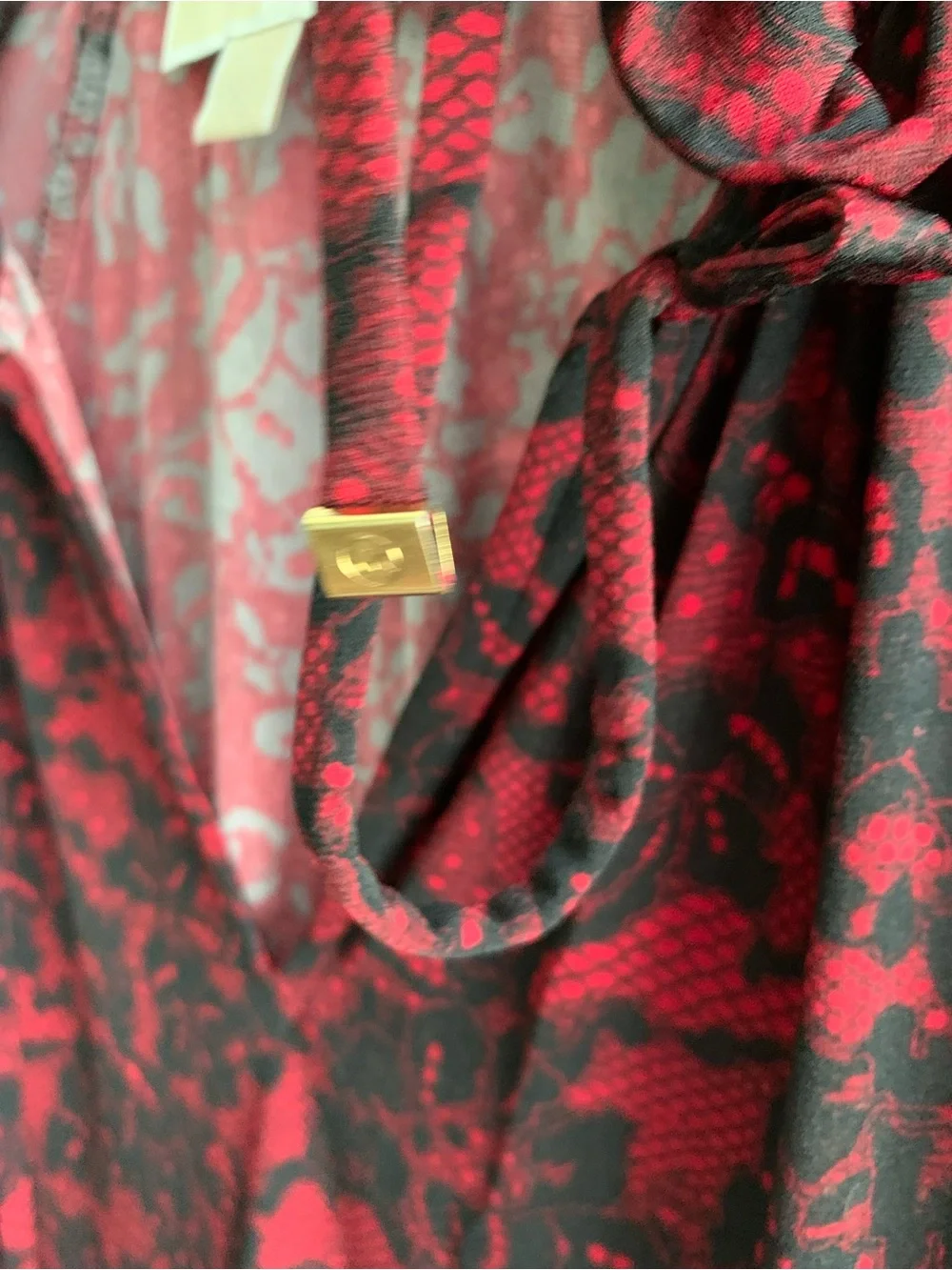 Michael Kors Red and Black Lace-Print V-Neck Long-Sleeve Blouse
